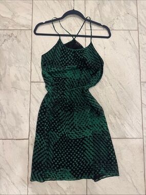 Theory Green and Black Printed Mini Slip Dress